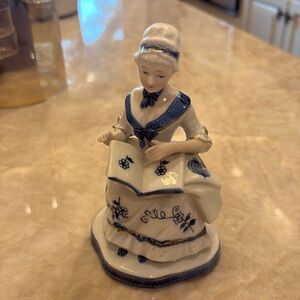 Vintage KPM Colonial Woman Porcelain Figurine - Blue and White Fans! Japan #4950